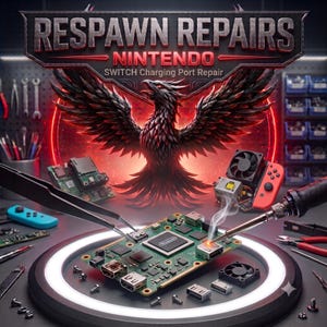 May include: A Nintendo Switch circuit board being repaired with a soldering iron and tweezers. The background features a phoenix graphic, the text "RESPAWN REPAIRS NINTENDO SWITCH Charging Port Repair," and various electronic repair tools.