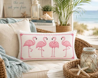 Funda de almohada rosa con estampado de flamencos para cojín lumbar (almohada no incluida) / Cojín decorativo estilo casa de playa / Decoración tropical costera