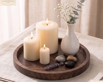 Bandeja redonda de madera maciza hecha a mano / Bandeja rústica para velas de estilo granja