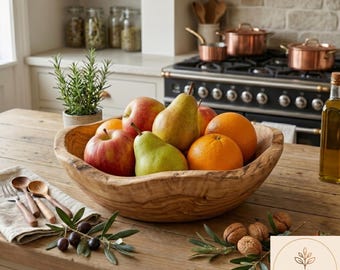 Handgemaakte olijfhouten schaal, rustieke fruit- en serveerschaal, naturel
