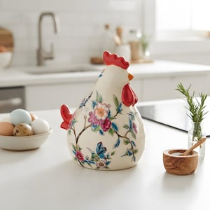 Può includere: Una statuetta di gallina in ceramica color crema con un motivo floreale dipinto a mano che presenta fiori rosa, blu e arancioni, foglie verdi e una piccola farfalla. La gallina ha una cresta e bargigli rosso brillante e una finitura liscia.