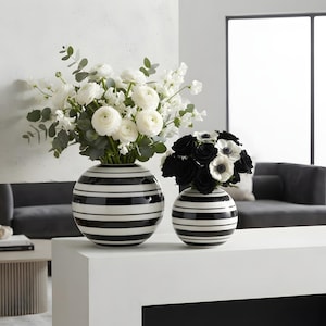 Black and White Striped Ceramic Vase, Modern Round Flower Vase, Minimalist Home Decor