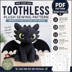 Patrón de costura de peluche de Desdentado / Tutorial de peluche de dragón (Descarga en PDF)