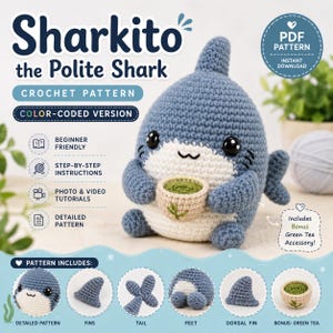 May include: A crochet pattern for Sharkito the Polite Shark, featuring a blue and white stuffed shark holding a small green tea cup. The image includes text, icons for instructions, and circular thumbnails showing the shark, fins, tail, feet, and tea.