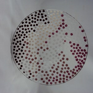 mulitcolored glass bowl with cranberry, peach, white polka dots image 4