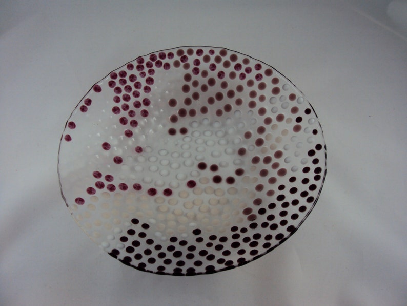 mulitcolored glass bowl with cranberry, peach, white polka dots image 2