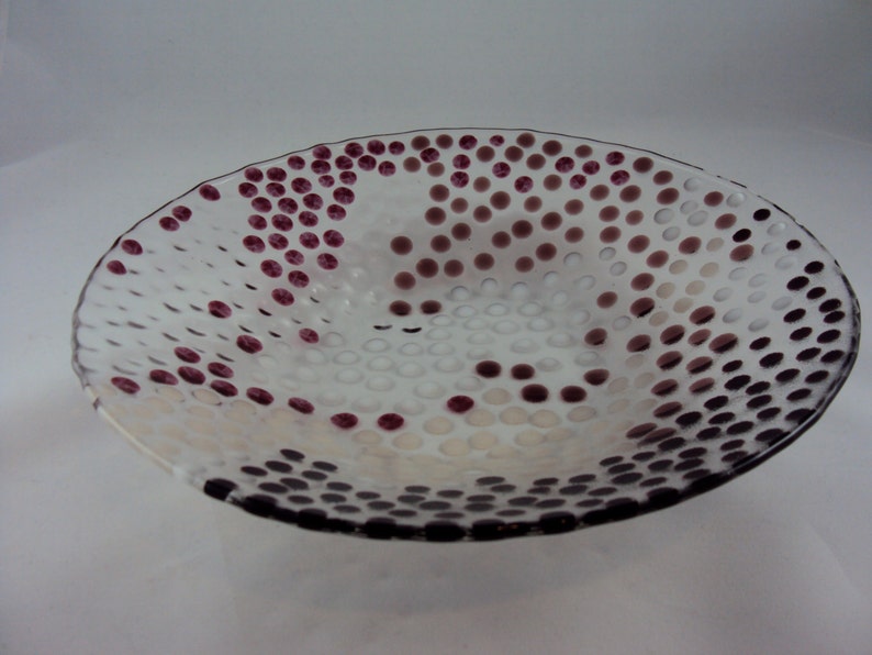 mulitcolored glass bowl with cranberry, peach, white polka dots image 3