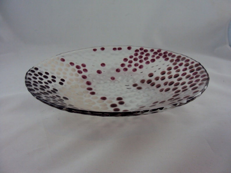 mulitcolored glass bowl with cranberry, peach, white polka dots image 1