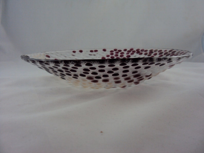 mulitcolored glass bowl with cranberry, peach, white polka dots image 5