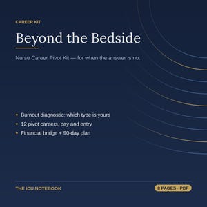 May include: A dark blue digital career kit titled Beyond the Bedside, Nurse Career Pivot Kit. It includes a burnout diagnostic, 12 pivot careers with pay and entry details, and a financial bridge plus 90-day plan. The document is 8 pages in PDF format.