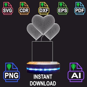 May include: A digital design featuring three wireframe hearts above a rectangular frame, set on a wooden base with blue LED lights. The image includes file format icons for SVG, CDR, DXF, EPS, PDF, PNG, and AI, with the text INSTANT DOWNLOAD.