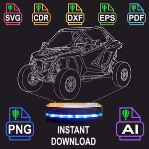 Op de afbeelding: Een witte lijntekening van een terreinwagen boven een donkere houten voet met een gloeiende blauwe lichtstrip. De afbeelding bevat bestandsformaatpictogrammen voor SVG, CDR, DXF, EPS, PDF, PNG en AI, met de tekst INSTANT DOWNLOAD.