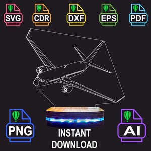 May include: A digital graphic of a commercial airplane in white outline on a transparent panel, mounted on a circular wooden base with blue LED lighting. The image includes file format icons for SVG, CDR, DXF, EPS, PDF, PNG, and AI.