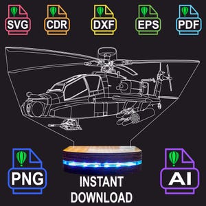 May include: A white line art illustration of an attack helicopter displayed above a dark wooden base with blue LED lights. The image includes file format icons labeled SVG, CDR, DXF, EPS, PDF, PNG, and AI, with the text INSTANT DOWNLOAD below.