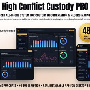Könnte beinhalten: High Conflict Custody PRO Software-Oberfläche auf Laptop, Tablet und Smartphone. Das dunkel gestaltete Dashboard enthält farbige Balkendiagramme, Liniendiagramme und kreisförmige Fortschrittsanzeigen zur Überwachung von Zeitplänen.