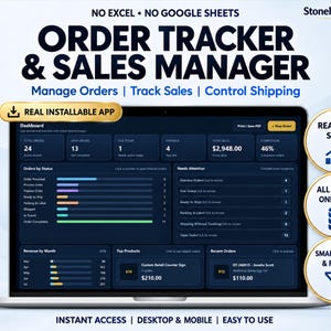 Op de afbeelding: Een digitale applicatie voor orderbeheer en verkoopbeheer op een laptopscherm. De interface toont een donker dashboard met statistieken voor bestellingen, verkopen en verzendstatus. De tekst bevat "ORDER TRACKER & SALES MANAGER" en "REAL INSTALLABLE APP".