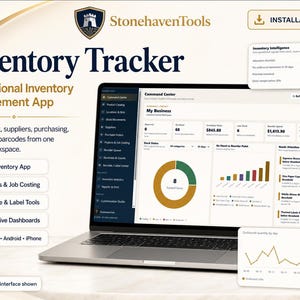 May include: A laptop displaying the StonehavenTools Inventory Tracker professional management app. The screen shows a Command Center dashboard with inventory data, charts, and navigation menus. Text includes Inventory Tracker, Professional Inventory Management App, and features like Real Inventory App, Projects & Job Costing, Barcode & Label Tools, and Interactive Dashboards.