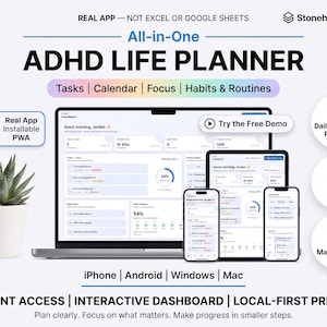 May include: A digital ADHD life planner displayed on a laptop, tablet, and two smartphones. The interface shows dashboards with tasks, calendars, and habit trackers. Text includes "All-in-One ADHD LIFE PLANNER," "Real App," and "Try the Free Demo."