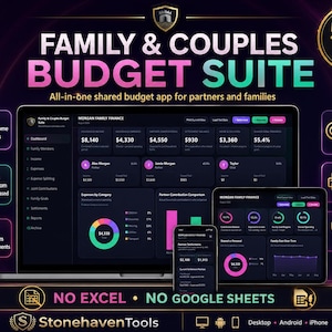 Puede incluir: Una interfaz digital para la Family & Couples Budget Suite mostrada en una computadora portátil, tableta y teléfono inteligente. El panel oscuro presenta datos financieros, gráficos y diagramas para rastrear ingresos y gastos.