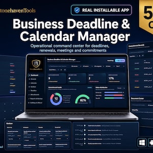 May include: A laptop displaying the StonehavenTools Business Deadline & Calendar Manager software interface. The dark-themed dashboard features charts, commitment records, and a kanban board for tracking operational tasks, deadlines, and renewals.