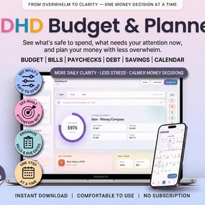 May include: A digital ADHD Budget & Planner displayed on a laptop and smartphone screen. The interface features sections for budget, bills, paychecks, debt, savings, and a calendar. Text includes 'From Overwhelm to Clarity' and 'Free Demo' badge.