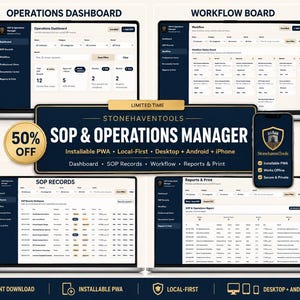 May include: A digital SOP and Operations Manager software interface displayed on multiple screens, including laptops and a smartphone. The dashboard features sections for SOP records, workflow boards, and reports, with text labels like StonehavenTools.