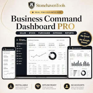 May include: A Business Command Dashboard PRO software interface displayed on a laptop, smartphone, and tablet. The screen shows financial data, sales, stock, and reports with text including StonehavenTools, No Excel, No Google Sheets, and No Accounts.