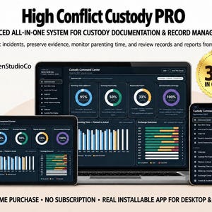 Könnte beinhalten: High Conflict Custody PRO Software auf einem Laptop, Tablet und Smartphone. Die Bildschirme zeigen ein dunkel gestaltetes Custody Command Center Dashboard mit Datencharts, Fortschrittsringen und Menüs. Ein goldenes Siegel zeigt 38+ IN ONE TOOL.