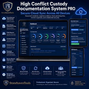 May include: A digital interface for the High Conflict Custody Documentation System PRO displayed on a laptop, tablet, and smartphone. The dark-themed dashboard features data analytics, circular progress charts, and lists for case management.