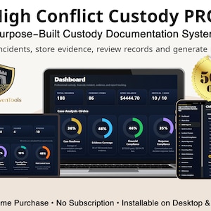 May include: High Conflict Custody PRO documentation system displayed on a laptop, tablet, and smartphone. The screens show a dashboard with data charts, incident tracking, and evidence storage. A gold 50% off seal and StonehavenTools logo are visible.