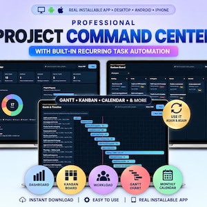 May include: A digital project management dashboard displayed on three laptop screens, featuring a command center, kanban board, and gantt timeline. The interface includes colorful charts, task lists, and icons for dashboard, kanban board, workload, gantt chart, and monthly calendar views.