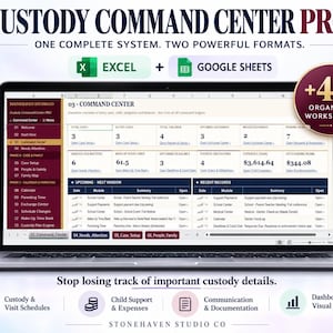 May include: A laptop screen displays the Custody Command Center Pro digital system, compatible with Excel and Google Sheets. The interface features 48 organized worksheets for tracking custody schedules, child support, expenses, and communication.