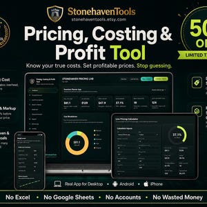 May include: A digital pricing, costing, and profit tool displayed on a laptop, tablet, and smartphone. The interface features dark backgrounds with green and yellow accents, showing data dashboards, cost breakdowns, and a live pricing calculator.
