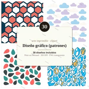 May include: A digital collection of 30 graphic patterns featuring four distinct designs: a dark blue and coral chevron geometric print, a light blue and purple cloud pattern, a multi-coloured teardrop motif, and a blue and gold crystal pattern.