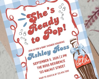 She’s Ready to Pop Baby Shower Invitation, Retro Soda Invite, Editable Canva Template