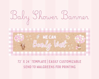 We Can Bearly Wait Baby Shower Banner, Pink Teddy Bear Template, Instant Download