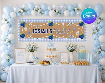 Berry First Birthday Banner | Blueberry Theme | Editable Canva Template (Digital Download)