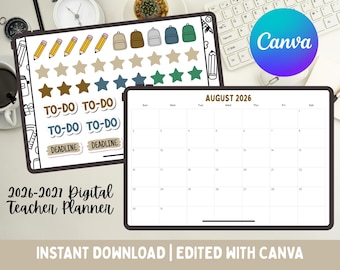 Digital Teacher Planner AUG 2026-JUN 2027 | Neutral Design | Canva Download