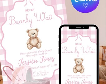 We Can Bearly Wait Invitation Template, Girl Baby Shower