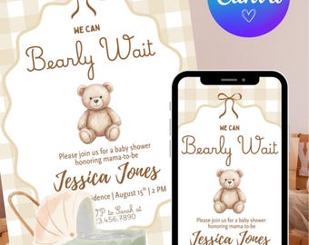 Teddy Bear Baby Shower Invitation, Gender Neutral Bear Invite (Digital Download)