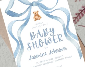 Editable Blue Baby Shower Invitation, Bow Plaid Invite (Digital Download)
