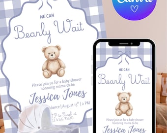 We Can Bearly Wait Baby Shower Invitation, Editable Canva Template