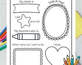 All About Me Worksheet, Back to School Coloring Page, Kids Activity (Digital Download)