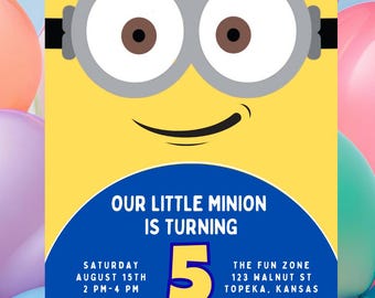 May include: A yellow birthday invitation card featuring a Minion face with large goggles, a smiling mouth, and colorful bunting. The text reads: Our Little Minion is turning 5, Saturday August 15th, 2 PM-4 PM, The Fun Zone 123 Walnut St Topeka, Kansas, RSVP to Shelly at 123.456.7890.