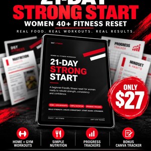 21-dagars träningsbok för kvinnor 40+ | Hem- och gymträning, kostguide, Canva-framstegsspårare
