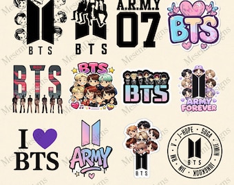 May include: A collection of twelve digital stickers featuring the BTS logo, chibi-style character illustrations, and text including A.R.M.Y 07, ARMY FOREVER, and I LOVE BTS. The designs incorporate various color palettes, including black, pink, blue, and purple.