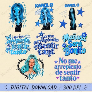 May include: A digital collection of Karol G themed graphics featuring blue-haired character illustrations, photographic portraits, and the text phrases "No me arrepiento de sentir tanto" and "Mañana Será Bonito" decorated with blue stars and flowers.