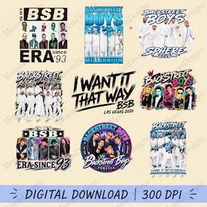 Puede incluir: Una colección de nueve diseños gráficos con los Backstreet Boys, incluyendo fotos de los miembros de la banda, el texto "In My BSB Era Since 93", "Millennium", "I Want It That Way" y "Sphere 2026", presentados como descarga digital.