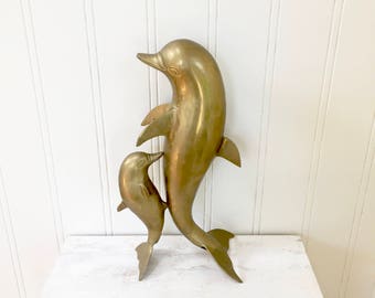 VINTAGE Brass Dolphin Pair, Brass Momma and Baby Dolphin, Brass Porpoise, Dolphin Sculpture Standing