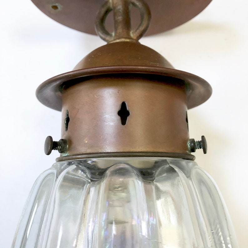 Vintage COPPER Ceiling Light Fixture, Wavy Glass Center Outdoor Indoor Arts Crafts Mid Century Design - Hall Light Mounted image 10